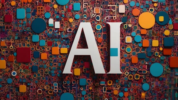 A striking composition features large white letters spelling AI against a vibrant abstract backdrop. The background is filled with a variety of colorful geometric shapes in multiple sizes and hues. This artistic display emphasizes the concept of artificial intelligence and creativity.