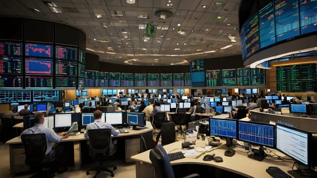 A bustling financial trading floor features numerous traders focused on their screens displaying live market data. The atmosphere is filled with energy as teams analyze stock trends and make quick investment decisions. Multiple display screens showcase real-time statistics, charts, and global market updates, emphasizing a high-stakes environment.