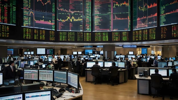 A bustling financial trading floor is filled with traders intently monitoring various screens displaying stock market data and charts. The atmosphere is focused and dynamic as individuals make strategic decisions based on real-time information.