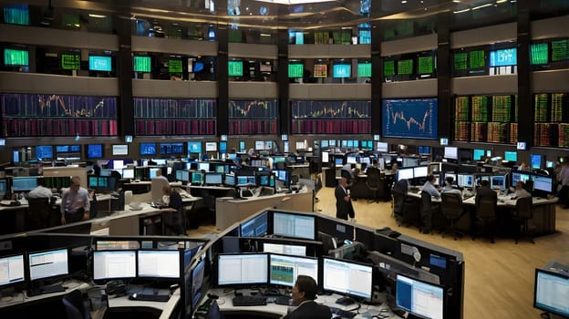 A bustling trading floor filled with traders engaged in buying and selling activities. Large screens around the room display vibrant stock market data and charts. Traders concentrate on their tasks, communicating with colleagues and monitoring fluctuations in real time. The atmosphere is dynamic and fast-paced, characteristic of a busy financial institution.