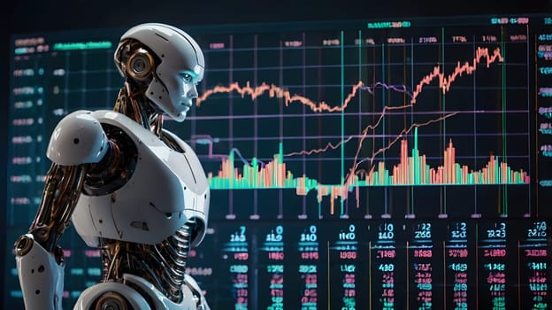 A humanoid robot with a sleek design examines complex financial charts displayed on a large digital screen. Various stock market trends and trading statistics are visible, creating a high-tech atmosphere. The setting suggests an advanced technological environment where artificial intelligence plays a critical role in financial analysis.