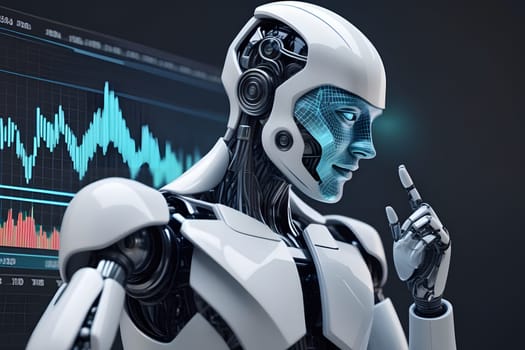 A humanoid robot with a sleek white design is deeply engaged in analyzing complex financial data displayed on a digital screen. The workspace is modern and equipped with advanced technology, highlighting the integration of robotics in data analysis.