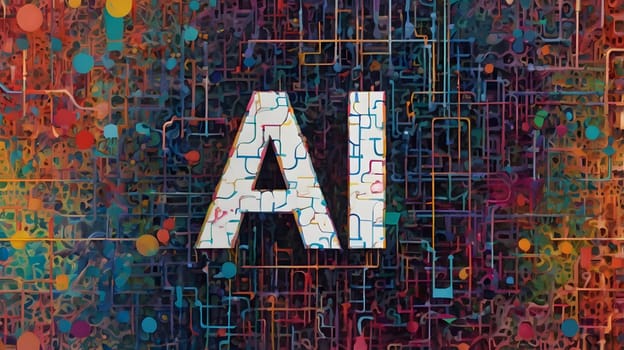The artwork showcases a vivid and intricate background filled with various patterns and colors, highlighting the letters AI prominently in the center. The blend of geometric shapes and vibrant hues emphasizes the theme of artificial intelligence, reflecting its complexity and modernity.
