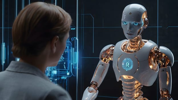 A woman engages in conversation with an advanced humanoid robot in a high-tech laboratory. The robot displays glowing blue eyes and a metallic body, showcasing intricate circuitry. The environment is filled with digital screens and futuristic designs, emphasizing the cutting-edge technology involved in artificial intelligence.
