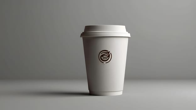 A plain white coffee cup is positioned on a smooth gray surface, featuring a minimalist design. The cup stands alone, highlighting its clean lines and subtle elegance. The setting provides a serene and modern atmosphere, emphasizing the simplicity of the object.