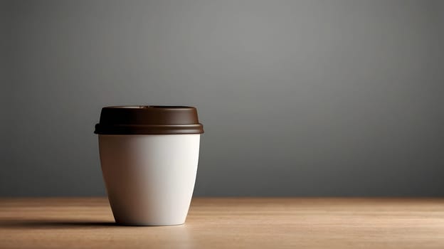 A white coffee cup with a brown lid rests on a wooden table. The background features a smooth gray surface. The soft morning light highlights the cup, creating a calm atmosphere ideal for enjoying a warm beverage.