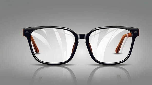 A pair of modern black and brown prescription glasses is displayed prominently on a smooth neutral gray background. The lenses are clear, emphasizing their stylish frames and sleek design.