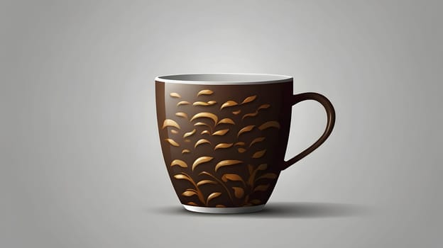 A beautifully crafted brown mug features intricate leaf designs that wrap around its surface. The mug is positioned against a soft gray background, enhancing its artistic detail. The smooth finish and unique pattern make it a perfect item for coffee enthusiasts or collectors.