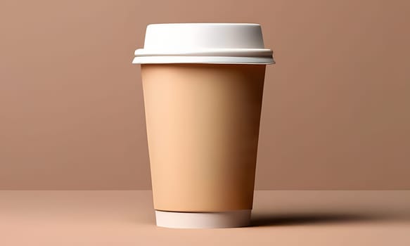 A brown disposable coffee cup stands upright on a flat surface, illuminated by soft studio lighting that highlights its smooth texture. The neutral background complements the cup's color, creating a minimalist aesthetic.