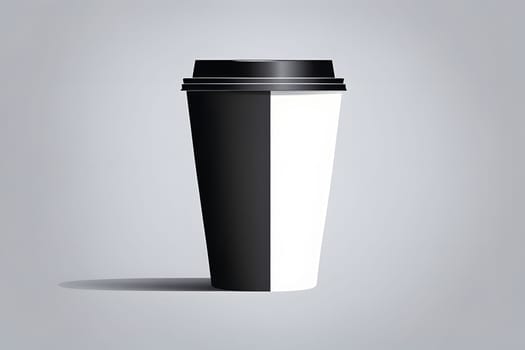 The coffee cup features a striking black and white geometric design, standing upright against a plain gray background. This minimalist approach highlights the sleek lines and modern aesthetic of the cup, making it a unique addition to any coffee lover's collection.
