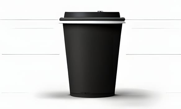 A black coffee cup is positioned centrally on a minimalist surface with a plain background. The cup features a white lid and showcases a sleek design, emphasizing simplicity. The lighting highlights the contours of the cup, creating a modern aesthetic.
