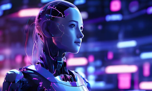 A humanoid robot stands poised in a vibrant, neon-lit setting, showcasing its intricate features and advanced technology. The background pulses with colorful lights, enhancing the futuristic ambiance.