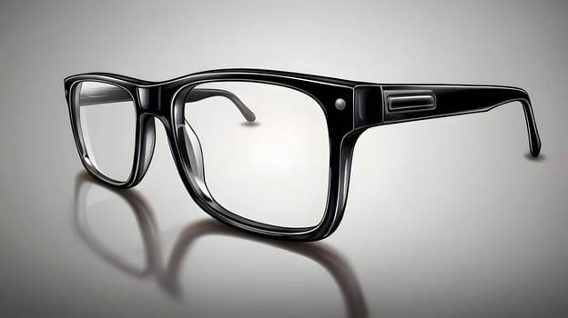 A pair of classic black eyeglasses with thick frames is prominently displayed on a smooth, reflective surface. The glasses showcase a timeless design, perfect for both fashion and functionality. The lighting highlights the sleek contours and clear lenses, making them an eye-catching accessory.