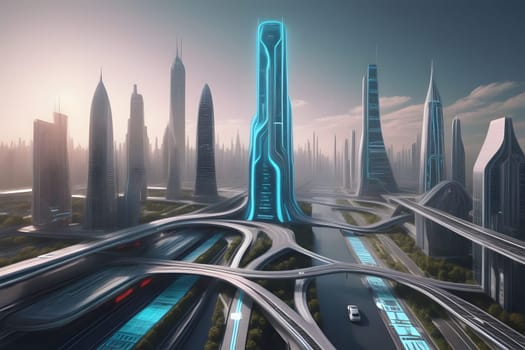 A sprawling futuristic city showcases towering skyscrapers adorned with vibrant neon accents. Elevated roadways crisscross through the urban environment as vehicles traverse alongside a serene waterway. The scene captures the essence of advanced architecture and innovative transportation, illuminated by the soft glow of twilight.