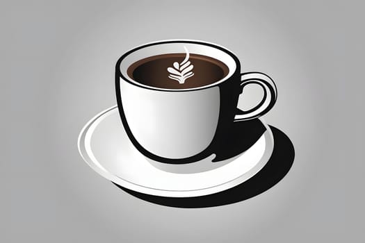 A bright and inviting white coffee cup rests on a clean, simple saucer, displaying a beautiful leaf design in the rich brown coffee. The backdrop features a soft gray tone, enhancing the aesthetic and drawing attention to the elegance of the cup.