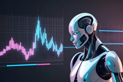 A highly advanced robot features intricate circuitry and a sleek design as it carefully analyzes data displayed on a vibrant digital screen. The environment resembles a cutting-edge laboratory where technology meets innovation, illustrating the fusion of artificial intelligence and data science.