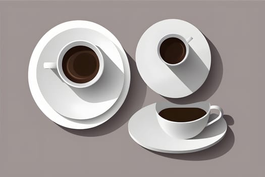 A harmonious display of three coffee cups in varying sizes rests atop circular plates. The warm brown liquid contrasts elegantly with the white ceramic. The composition highlights a refined aesthetics that captures the essence of a calm coffee moment.