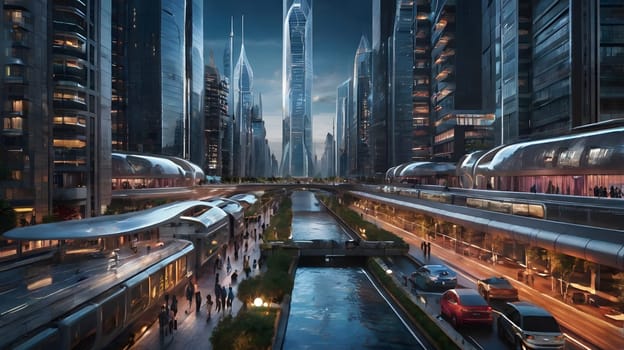 As twilight descends, a vibrant urban landscape comes to life, showcasing towering skyscrapers and a busy waterway. People stroll along the paths while futuristic transport systems glide overhead, blending nature and technology seamlessly.