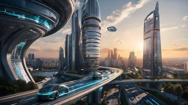 A bustling futuristic city showcases sleek architecture and innovative transportation. Autonomous vehicles glide along elevated highways under glowing structures. The skyline is filled with towering skyscrapers as the sun sets, casting a warm glow over the urban landscape.