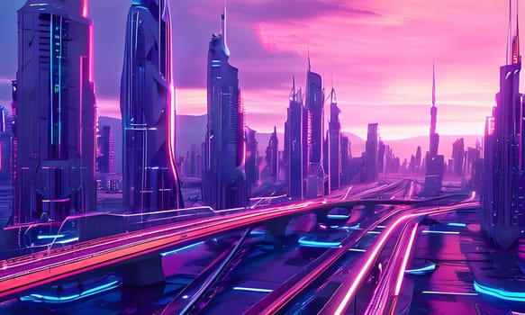 The skyline is filled with towering skyscrapers illuminated in vibrant hues of pink and purple against a dusky sky. Futuristic architecture dominates the view, with dynamic light trails from vehicles speeding along the elevated overpass. A sense of energy and movement pervades the bustling urban environment, showcasing the blend of technology and nightlife.