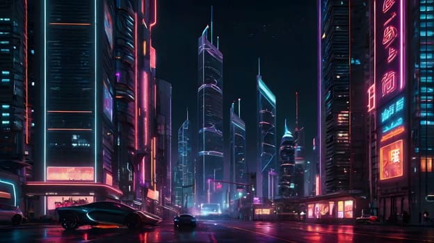 A bustling city at night is illuminated by vibrant neon signs and lights reflecting off modern skyscrapers. Sleek vehicles glide along the empty streets, creating a sense of serenity amidst the urban chaos, while colorful billboards enhance the futuristic atmosphere.