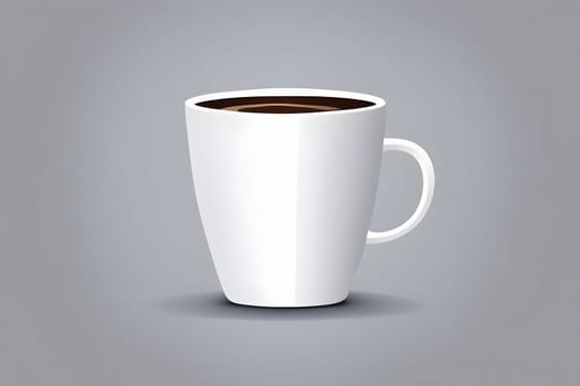 A plain white coffee mug sits in the center, filled to the brim with dark coffee. The minimalist design contrasts with a neutral gray background, emphasizing the mug's shape and contents.