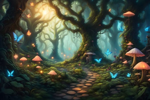 Within a magical forest at twilight, glowing mushrooms illuminate the path while colorful butterflies flutter around. The lush greenery, twisted trees, and ambient light create an enchanting atmosphere, inviting exploration and wonder.