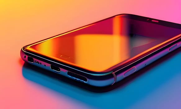 A sleek smartphone is positioned on a smooth surface, reflecting vibrant hues of pink, purple, and blue in the evening light. The device's edges gleam softly, enhancing its modern design while contrasting beautifully with the colorful backdrop.