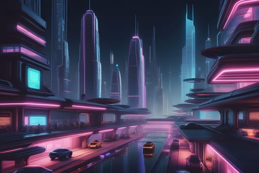 A lively urban environment illuminates the night with striking neon colors reflecting off sleek skyscrapers. Elevated structures house bustling pedestrians while modern vehicles navigate the waterways below. The atmosphere combines futuristic architecture with a vibrant nightlife.