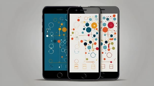 Three sleek smartphones stand side by side, each showcasing vibrant abstract designs featuring colorful circles and geometric shapes. The devices highlight the artistic potential of digital screens, suggesting creativity in modern technology. The background remains neutral, enhancing the visual appeal of the displayed artwork.