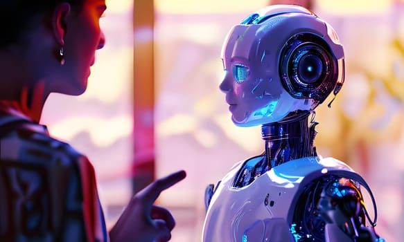 A person engages in an animated discussion with a humanoid robot in a futuristic, brightly lit setting. The atmosphere is vibrant, showcasing advanced technology and interactions between human and artificial intelligence, highlighting the growing relationship.