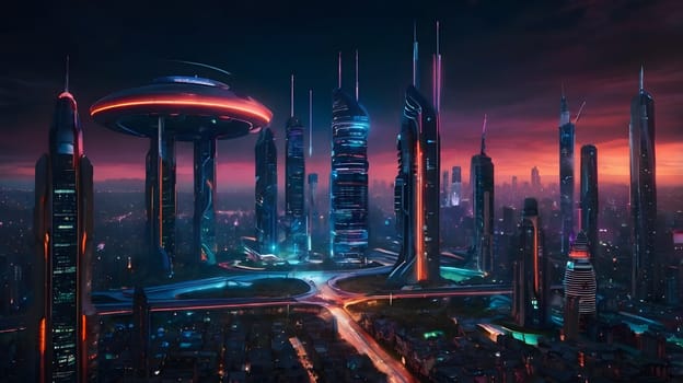 A vibrant metropolitan skyline is illuminated by brilliant neon lights as dusk settles over the city. Towering skyscrapers, some with unique architectural designs, rise against a dramatic sunset sky, creating a stunning visual effect. A central circular structure adds an extra layer of intrigue to the futuristic atmosphere, while the bustling streets below indicate a lively urban life.