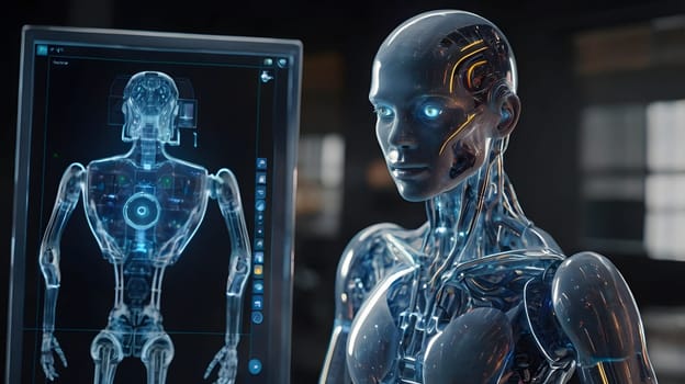 A humanoid robot with a transparent exterior stands in a modern laboratory, closely observing a holographic display showcasing its internal structures. The room is illuminated with soft lighting, highlighting the intricate designs of both the robot and the digital projection.