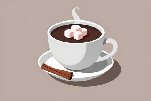 A cozy cup of hot chocolate sits on a white plate, complete with fluffy marshmallows resting on top. A stick of cinnamon leans against the cup, adding a seasonal touch. The setting has a soft, neutral background that enhances the warmth of the drink.