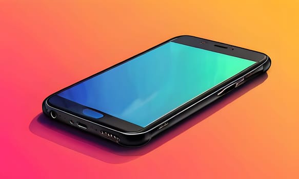 A sleek smartphone is elegantly placed at an angle, showcasing its design against a gradient background transitioning from orange to blue. The device's screen reflects a bright, colorful display, highlighting the latest technology in mobile devices.
