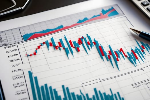 A report displaying various financial market graphs shows fluctuations in stock prices and trading volumes. The colorful charts illustrate data over time, with detailed annotations. A pen and calculator rest beside the documents, highlighting the analytical nature of the report.