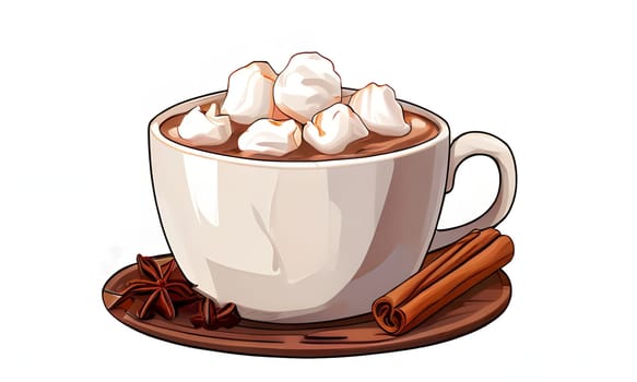 A cozy cup of hot chocolate is presented, filled to the brim with rich chocolate and topped with fluffy marshmallows. Accompanying the drink are star anise and a cinnamon stick, adding a seasonal touch. The setting evokes a warm, inviting atmosphere perfect for winter evenings.