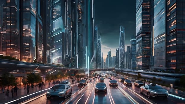 The vibrant urban environment comes alive as twilight descends, showcasing sleek skyscrapers adorned with glowing neon lights. Cars navigate through bustling streets filled with people, creating a dynamic atmosphere rich in technological advancement and modern design.