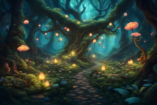 A winding path leads through a mystical forest filled with bioluminescent mushrooms and lanterns hanging from ancient trees. The enchanting atmosphere is enhanced by the twilight glow filtering through the vibrant foliage, creating a dreamlike landscape inviting exploration.