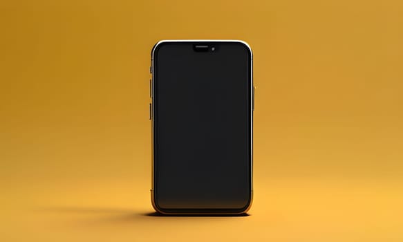 A sleek modern smartphone rests upright on a flat surface, featuring a dark screen that is turned off. The vibrant yellow background creates a striking contrast, emphasizing the device's minimalist design. This setup highlights the smartphone's elegant shape and finish, making it a captivating focal point.