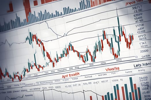 A detailed representation of financial market data showcasing various trading indicators, price movements, and volume metrics across different time periods. The visualization includes colored bars representing bullish and bearish trends, as well as grid lines marking important price levels.