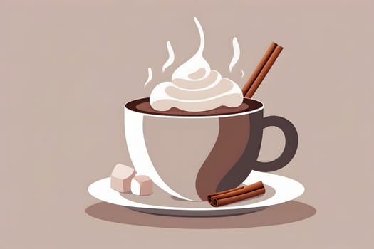 A steaming cup of rich hot chocolate is served with a generous swirl of whipped cream on top. Two cinnamon sticks rest alongside the cup, enhancing the warm and inviting aroma. The white and brown color palette creates a cozy atmosphere perfect for a chilly day.