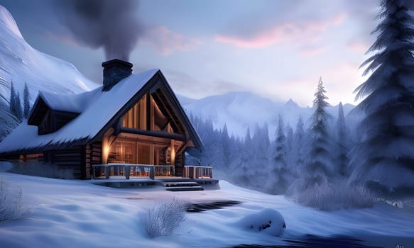 A rustic cabin sits peacefully in a snowy landscape, its chimney releasing wisps of smoke into the cold evening air. Surrounding the cabin are tall evergreen trees blanketed in fresh snow, while the backdrop features majestic mountains under a colorful dusk sky.