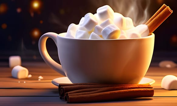 A comforting cup of hot chocolate sits atop a wooden table, adorned with fluffy marshmallows and accompanied by cinnamon sticks. The inviting steam rises gently, creating a cozy atmosphere ideal for a chilly evening.