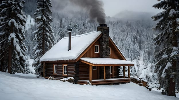 The charming cabin rests peacefully in a winter landscape, surrounded by tall snow-covered trees. Smoke gently billows from the chimney, indicating warmth inside. The picturesque setting captures the essence of a tranquil snowy day, inviting a sense of comfort and relaxation.