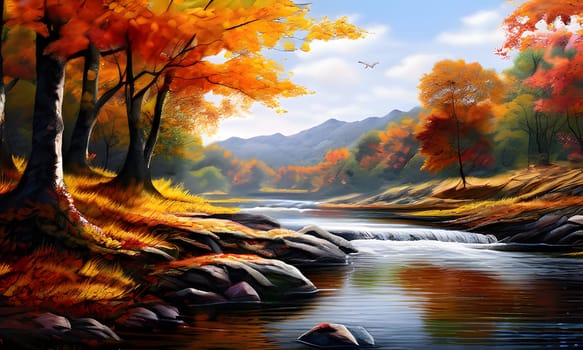 A tranquil landscape showcases vibrant autumn trees with bright orange and yellow leaves along the edge of a gently flowing stream. Majestic mountains rise in the distance beneath a clear blue sky, while a small waterfall adds serenity to the peaceful scene. The water reflects the stunning colors of the foliage, creating a picturesque moment in nature.