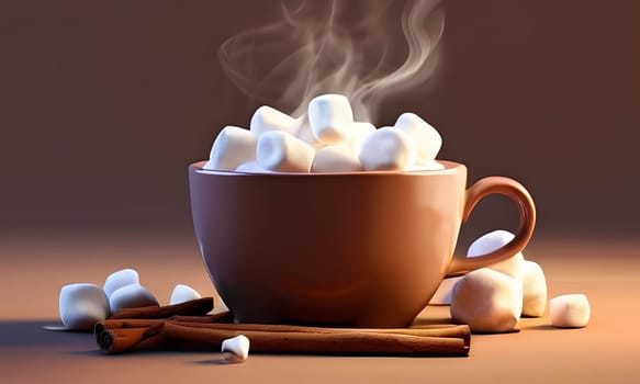 A steaming cup filled with fluffy marshmallows rests invitingly among scattered cinnamon sticks. This scene evokes a warm and comforting atmosphere, perfect for a chilly day.