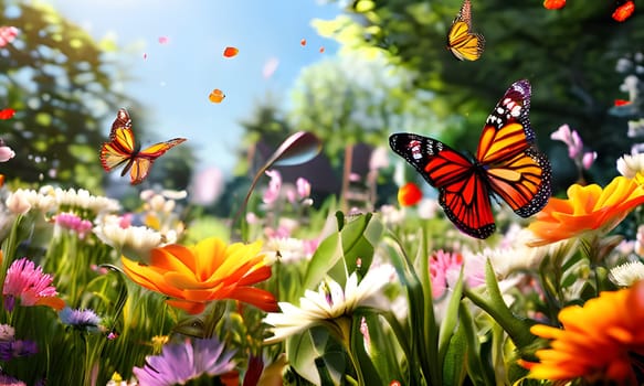 Butterflies of various colors dance gracefully over a lush garden filled with blooming flowers. The sun shines brightly, illuminating the vibrant petals and creating a peaceful atmosphere. Gentle breezes rustle the leaves, enhancing the serene beauty of the natural environment.