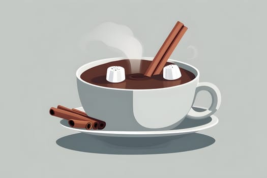 A mug filled with rich hot chocolate features fluffy marshmallows floating on top, complemented by cinnamon sticks placed alongside. The steam rising invites warmth, suggesting a comforting moment.