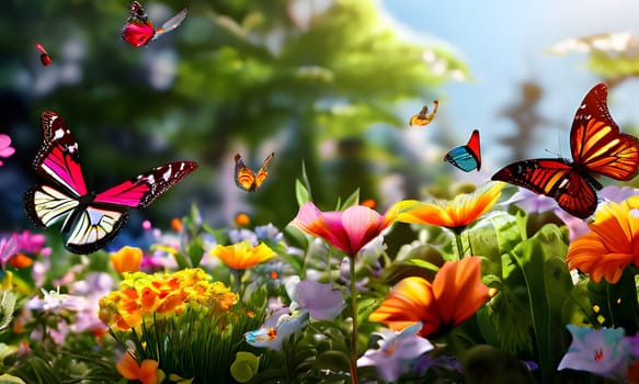 A variety of butterflies gracefully flutter among blooming flowers in a lively garden. The scene is illuminated by bright sunlight, highlighting the array of colors in both the insects and the blossoms, creating a cheerful and vibrant atmosphere.